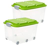 Rotho Roller 6 Juego de 2 cajas de almacenamiento de 57l con tapa y ruedas, Plástico (PP) sin BPA, transparente/verde, 2 x 57l (60.0 x 40.0 x 37.0 cm)