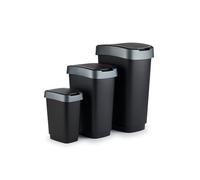 Rotho Twist - Juego de 3 cubos de basura con tapa abatible, sin BPA, color negro/plata, 10 L, 25 L y 50 L
