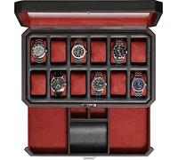 ROTHWELL Caja de reloj de 12 ranuras con cajón para hombre - Organizador de reloj de lujo, forrado de microgamuza, reloj de bloqueo y joyero con tapa de cristal (negro/rojo)