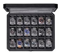 ROTHWELL Caja de reloj de 18 ranuras, caja de reloj de lujo para hombre, parte superior de cristal real, con cerradura, elegante exhibición para colecciones (negro/gris)