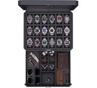 ROTHWELL Caja de reloj de 18 ranuras con cajón, caja de reloj de lujo para hombre, parte superior de cristal real, con cerradura, vitrina para colecciones (carbono)