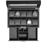 ROTHWELL Caja de reloj de cuero con 10 ranuras con cajón de valet, organizador de exhibición de caja de reloj de lujo, forro de microgamuza ultra suave, tapa de vidrio grande (negro/gris)