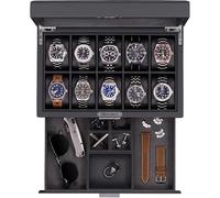 ROTHWELL Caja de reloj de cuero con 10 ranuras con cajón de valet, organizador de exhibición de caja de reloj de lujo, forro de microgamuza ultra suave, tapa de vidrio grande (negro/negro)