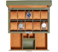 ROTHWELL Caja de reloj de cuero con 10 ranuras con cajón de valet, organizador de exhibición de caja de reloj de lujo, forro de microgamuza ultra suave, tapa de vidrio grande (verde/tostado)