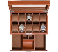 ROTHWELL Caja de reloj de cuero con 10 ranuras con cajón de valet, organizador de exhibición de caja de reloj de lujo, forro de microgamuza ultra suave, tapa de vidrio grande (bronceado/marrón)
