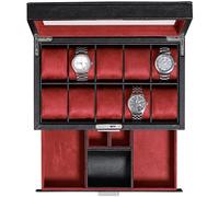 ROTHWELL Caja de reloj de cuero con 10 ranuras con cajón de valet, organizador de exhibición de caja de reloj de lujo, forro de microgamuza ultra suave, tapa de vidrio grande (negro/rojo)