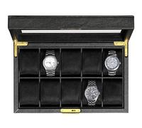 ROTHWELL - Caja de reloj de cuero con 10 ranuras, organizador de joyas de lujo, organizador de joyas con bloqueo para reloj con tapa de cristal grande, organizador