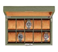 ROTHWELL Caja de reloj de cuero con 10 ranuras, organizador de reloj de lujo, forro de microgamuza ultrasuave, soporte para reloj de joyería con parte superior de cristal grande (verde/tostado)
