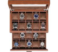 ROTHWELL Caja de reloj de cuero con 20 ranuras, organizador de joyas de lujo, soporte de vitrina con bloqueo con parte superior grande de cristal real, organizador de caja de reloj para hombres y