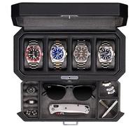 ROTHWELL Caja de reloj de cuero de 4 ranuras con cajón de valet, organizador de joyas de lujo, soporte de vitrina de bloqueo con parte superior de cristal real, organizador de caja de reloj para