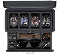 ROTHWELL Caja de reloj de cuero de 4 ranuras con cajón de valet, organizador de joyas, soporte de vitrina con tapa de cristal real, para hombres y mujeres