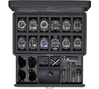 ROTHWELL Caja de reloj de lujo para 12 relojes, caja de reloj de piel sintética con tapa de cristal real, cajón deslizante para accesorios con múltiples compartimentos (carbono)