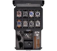 ROTHWELL Caja de reloj de piel auténtica, con 8 compartimentos, con cajón extraíble, para joyas, con cerradura y cristal, para hombres y mujeres (negro/gris)