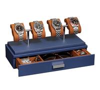 ROTHWELL Expositor de relojes de lujo para 4 relojes, caja de cuero con cubierta acrílica y cojines extraíbles deslizantes, cajón de accesorios con múltiples configuraciones (azul/bronceado)