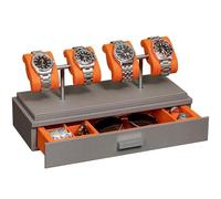 ROTHWELL Expositor de relojes de lujo para 4 relojes, caja de cuero con cubierta acrílica y cojines extraíbles deslizantes, cajón de accesorios con múltiples configuraciones (gris/naranja)