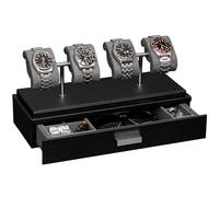ROTHWELL Expositor de relojes de lujo para 4 relojes, caja de cuero con cubierta acrílica y cojines extraíbles deslizantes, cajón de accesorios con múltiples configuraciones (negro/gris)