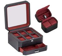 ROTHWELL Juego de regalo Caja de reloj de cuero con 6 ranuras y caja de viaje para 2 relojes - soporte de cajas de almacenamiento con tapa de vidrio (juego de regalo negro/rojo)