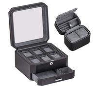 ROTHWELL Juego de regalo Caja de reloj de cuero con 6 ranuras y estuche de viaje para 2 relojes - soporte de cajas de almacenamiento con tapa de vidrio (juego de regalo negro/gris)