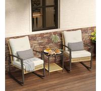 Rotihom Juego de 2 mecedoras de patio de 3 piezas, juego de mecedoras para exteriores con mesa de café de vidrio templado y juego de almohada lumbar gruesa, sillas de porche delantero para jardín