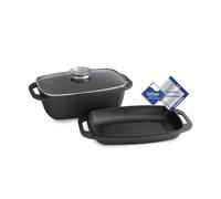 Rôtissoire, toster, cocotte ovale en fonte d'aluminio avec couvercle en verre et bouton aroma intégré, purge à vapeur, antiadhésif - 7 litros avec couvercle de gril supplémentaire