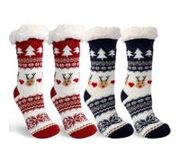 ROTKUSZ 2 Pares Calcetines de Navidad de Reno con Corazón Unisex, Calcetines Antideslizantes Adulto Navideños Peluche Largos, Regalo Divertido y Acogedor para Familia en Fiestas