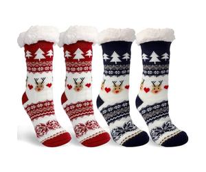 ROTKUSZ 2 Pares Calcetines de Navidad de Reno con Corazón Unisex, Calcetines Antideslizantes Adulto Navideños Peluche Largos, Regalo Divertido y Acogedor para Familia en Fiestas