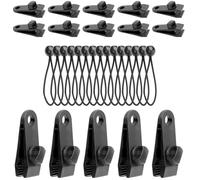 ROTKUSZ 30 Piezas Set de Pinzas para Lonas, 15 Piezas Clips de Lona Sujeción con 15 Cuerdas Elásticas con Bola, Abrazaderasa de Lona, Multi Purpose Tarp Clip Tent Clips