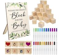 ROTKUSZ Juego de 75 Letreros para Baby Shower con 1 Letreros Cuadrados Decorativos, 52 Bloques de Madera en Blanco y 24 Marcadores de Pintura Acrílica, Mini Natural Cubos de Madera Baby Shower