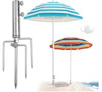 ROTKUSZ Soporte para Sombrilla de Playa, Base para Sombrilla de Acero Inoxidable con 4 Pinchos para Césped, Tapón de Pie para Sombrilla de Playa con Gancho de Quatro Esquinas