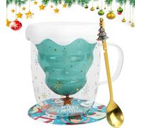 ROTKUSZ Taza de árbol de Navidad, Tazas de Navidad con Tapa, Taza de Café Doble pared Copa de Vidrio árbol de Navidad, Tazas de Vidrio Aislante con Mango Latté