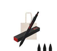 rOtring 600 3 en 1 Multipen, bolígrafo negro/rojo y portaminas de 0,5 mm, vástago hexagonal de metal, negro mate + bolsa de algodón