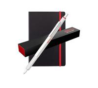 Rotring 600 bolígrafos metálicos con cuaderno de lujo A5, punta media, tinta negra, barril blanco perla con agarre estriado antideslizante, recargable, juego de regalo de escritura clásica para
