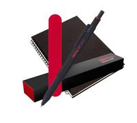 rOtring 600 bolígrafos y portaminas multicolor 3 en 1 | Barril negro | Bolígrafo (tinta negra y roja) + lápiz de 0,5 mm | Caja de regalo + cuaderno en espiral A5 + bolsa de terciopelo