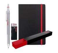 rOtring 600 bolígrafos y portaminas multicolor 3 en 1 + cuaderno, puntas de bolígrafo negras y rojas y 1 punta de lápiz mecánico (0,5 mm), barril de metal plateado