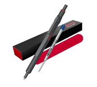 rOtring Bolígrafo 600 y estuche de terciopelo, punta media, tinta negra, bolígrafo de cuerpo totalmente metálico, piedra oscura, agarre estriado antideslizante y barril hexagonal, recargable, juego