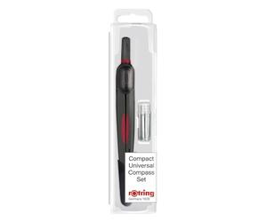 rOtring Brújula universal compacta | Herramienta de dibujo ligera y ajustable con contenedor de grafito | Círculos de hasta 320 mm | Punta reemplazable precisa de 3,5 mm | 130 mm de longitud