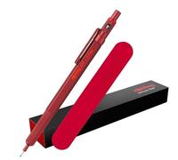 rOtring Portaminas 600 y estuche de terciopelo, 0,7 mm, lápiz propulsor de cuerpo de metal rojo, agarre estriado antideslizante y barril hexagonal