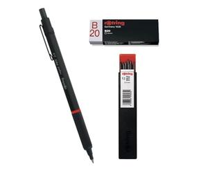 rOtring Rapid Pro - Portaminas HB de 2,0 mm, barril de metal completo negro mate, juego de recambios de minas de portaminas Tikky, 2 mm, 12 unidades, borrador B20