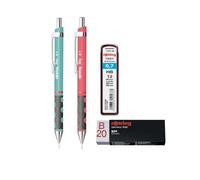 rOtring Tikky - Juego de 2 portaminas de 0,7 mm (azul mar y coral) + recambios de mina HB de 0,7 mm + borrador - Kit de escritura premium para escuela, dibujo y oficina