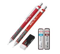 rOtring Tikky - Juego de portaminas HB de 0,50 mm y 0,70 mm, barril rojo, incluye recambios de mina HB de alto polímero y borrador premium, kit de dibujo y escritura de precisión para estudiantes