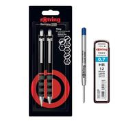 rOtring Tikky - Juego de portaminas y bolígrafo, mina HB, lápiz de 0,7 mm, bolígrafo de punta media, barril negro, juego con recambios adicionales