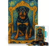 Rottweiler en el Trono, Estilo Van Gogh Rompecabezas de 1000 Piezas para Adolescentes Juguete de lógica Fuerte Tiempo Sereno Borde Transparente Regalo Creativo (38x52cm)