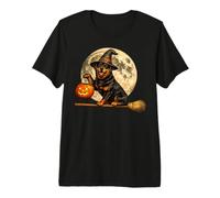 Rottweiler Rottie Sombrero de Bruja Jack O Lantern Moon Escoba Camiseta Premium