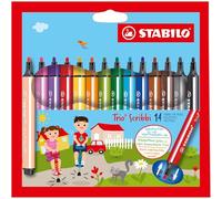 Rotulador triangular escolar con sistema de amortiguación en la punta STABILO Trio Scribbi - Estuche con 14 colores