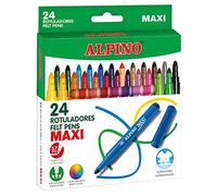 Alpino 24 Rotuladores Maxi de Colores | Rotuladores de Punta Gruesa Resiste de 6mm para Colorear | Tinta Súper Lavable | Estuche de Rotuladores de Colores Brillantes para Material Escolar