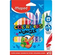 Rotuladores de Colores para Niños, Maped Color'Peps Jungle, Set de 12 Rotuladores Punta Gruesa, Tinta Lavable y de Secado Rápido, Variedad de Colores Brillantes para Dibujar y Colorear