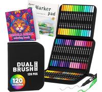 Rotuladores Doble Punta - Pack 120 Colores para Pintar con Punta Fina y Pincel | Incluye Bloc de Dibujo y Libro Mandalas Animales | Material Escolar, Rotuladores Lettering, Caja marcadores Lavables