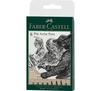 Faber-Castell 167158 - Estuche de 8 Pitt Artist Pen - Tinta China - Negro - XXS, S, F, M, B, C, 1.5, Punta de Pincel Dura