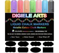 Rotuladores Metálicos, DIGIELE 8pcs Tiza Liquida de Colores, Borrado en Seco o Húmedo, Punta Reversibles 6mm para Cristal, Ventana, Pizarra o Manú, Tinta No Tóxica Marcador + 32pcs Etiquetas Reusables
