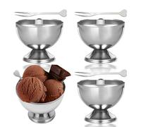 Roucerlin 4 tazas de helado de acero inoxidable con tenedores, cuencos de postre de metal con pies, soporte plateado para servir pudín, ensalada, aperitivos, yogur, cóctel de frutas (3.5 pulgadas/9 cm